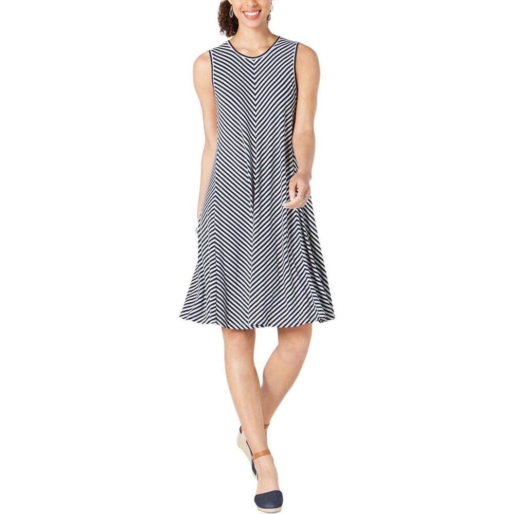 Style & Co Petite Women’s Sleeveless Striped Daytime Tank Dress Sz PM Blue White